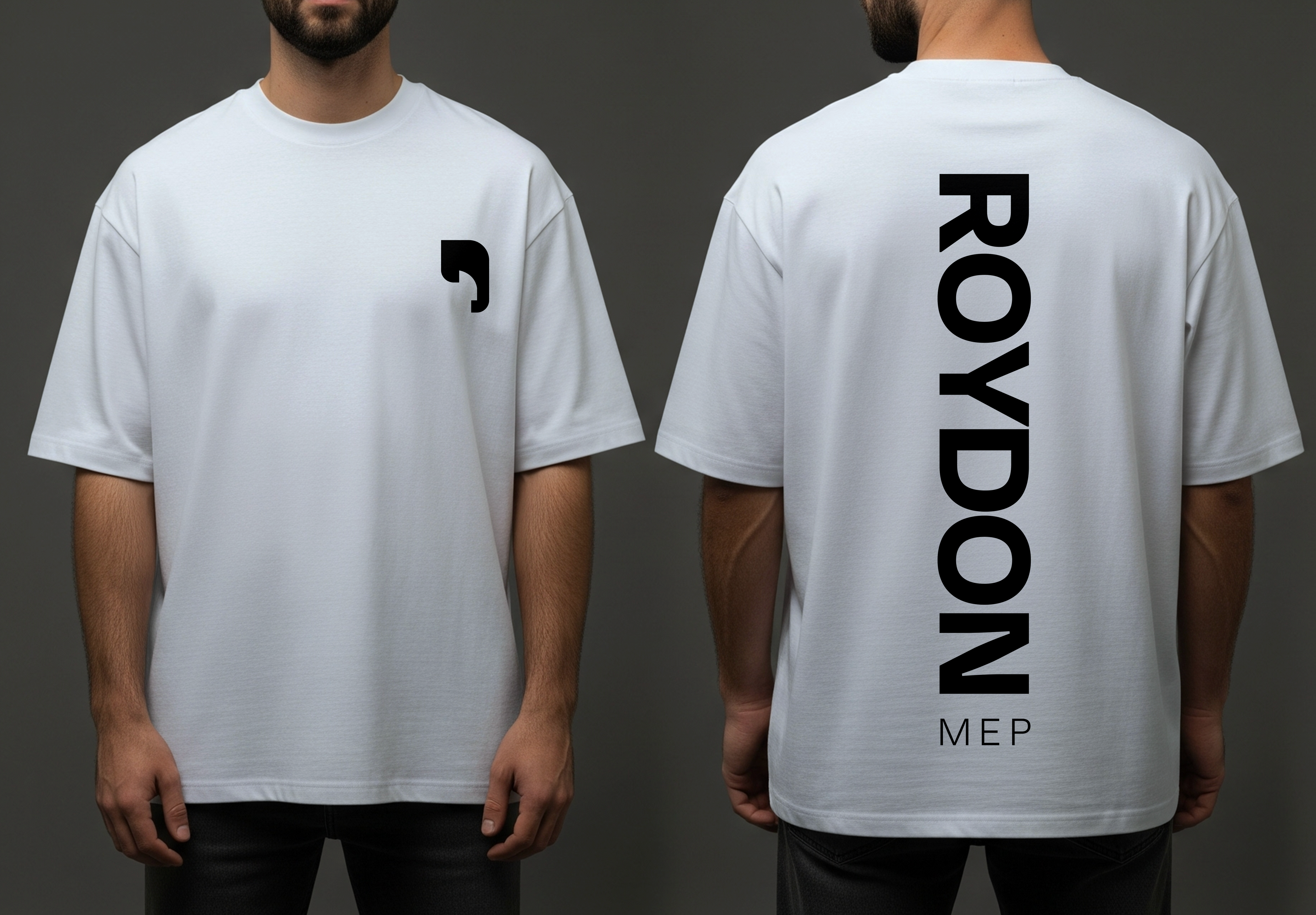Roydon MEP — site apparel, front mark and spine wordmark