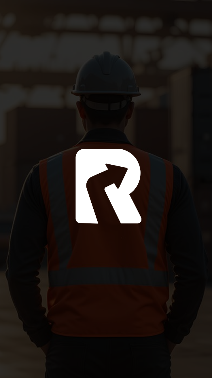 True North — R-with-arrow mark on site worker's hi-vis vest
